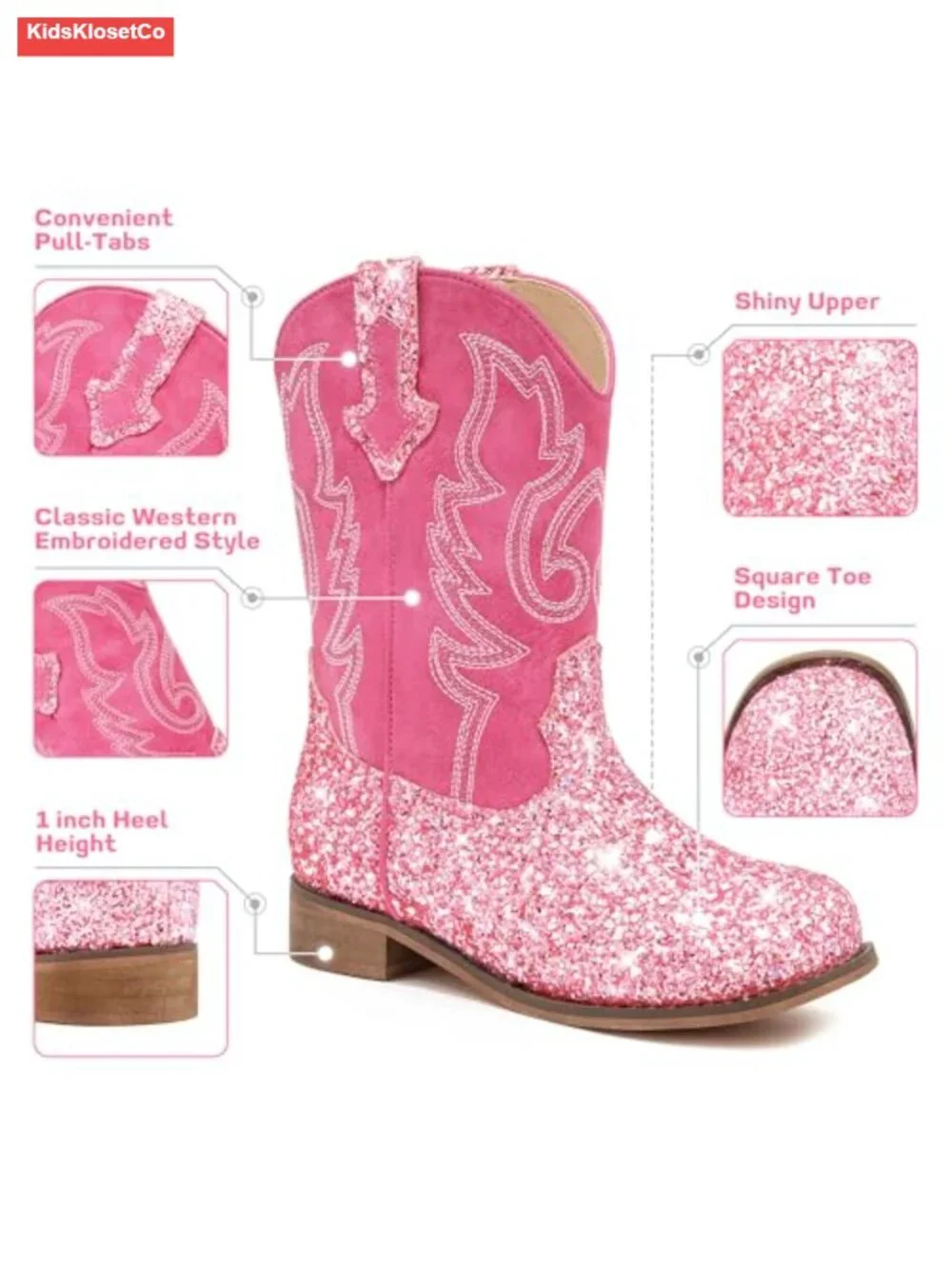 Girls Glitter Cowboy Boots Square Toe Pull-On Mid Calf Western Riding
